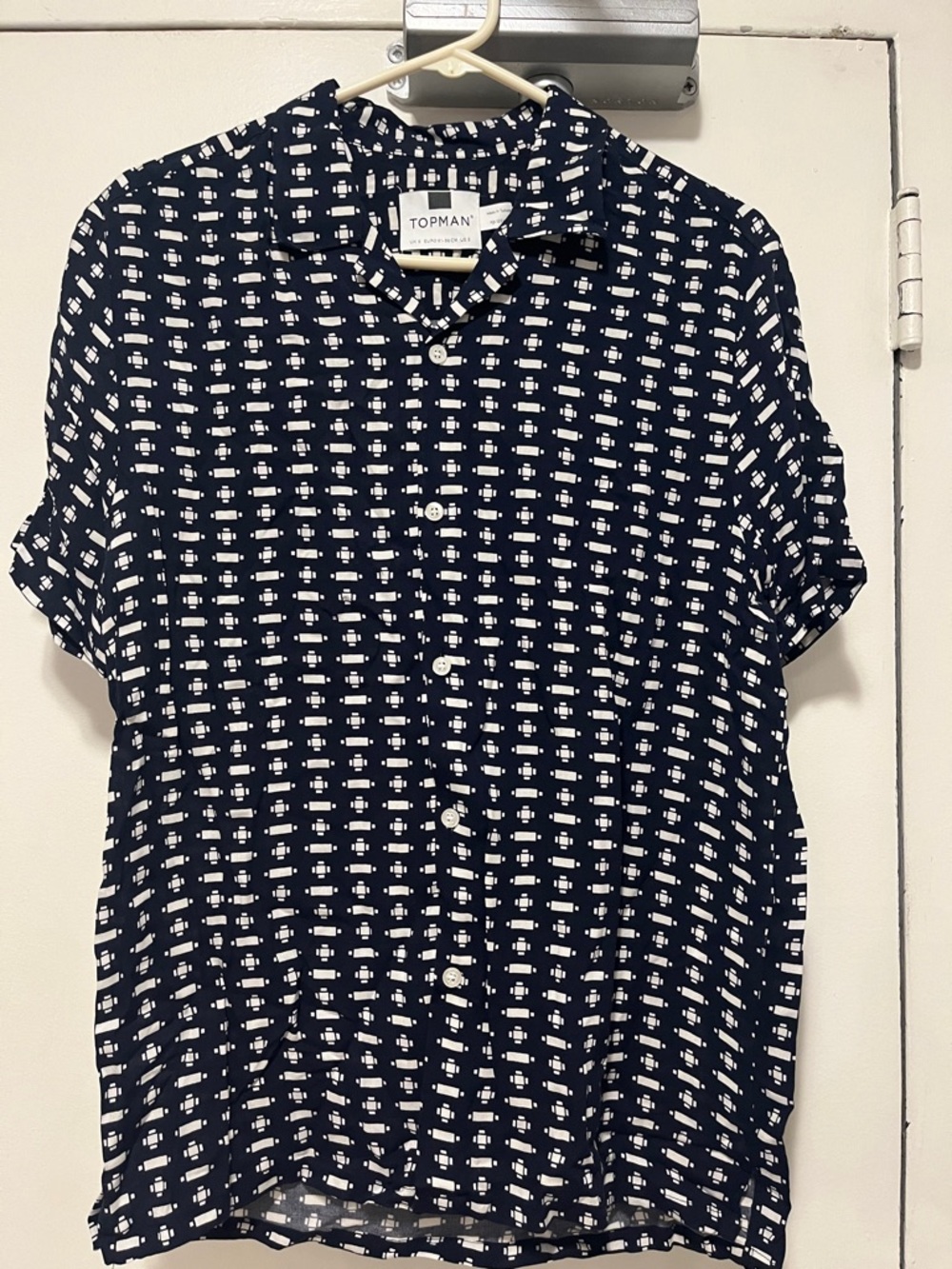Topman Navy Button-Down Shirt with White Geometric Print